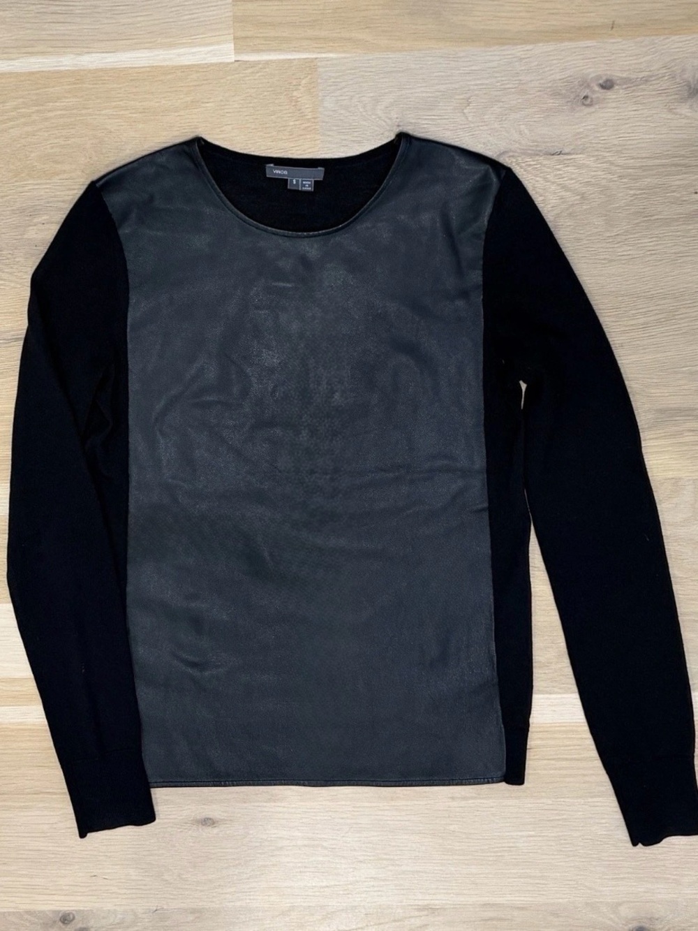 Theory Leather and Knit Mixed Media Long Sleeve Black Sweater Women’s Size Small